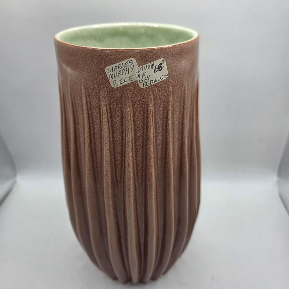 Vintage Red Wing Charles Murphy MCM Ribbed Art Pottery Vase Brown Green
